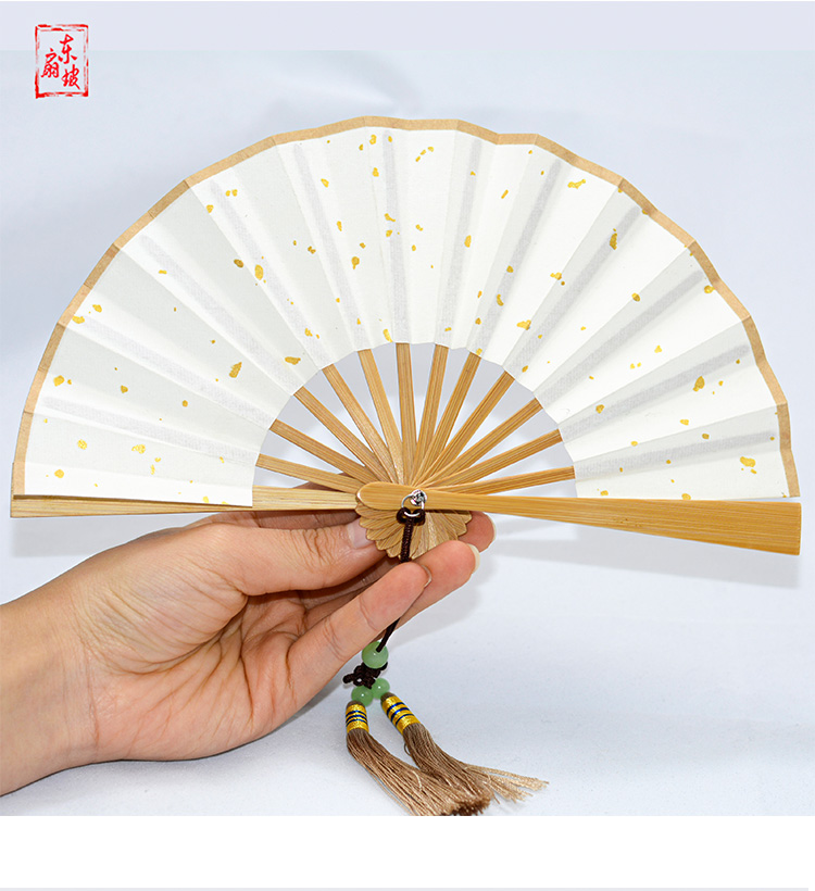 黑平板宣纸儿童便携文玩小扇子配黑色绢布洒金扇面5寸梅妃花斑随机