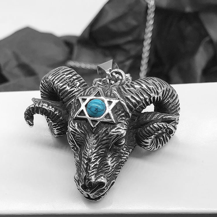 哥特风松石六芒星撒旦羊头项链男士潮人个性霸气嘻哈朋克钛钢吊坠 配