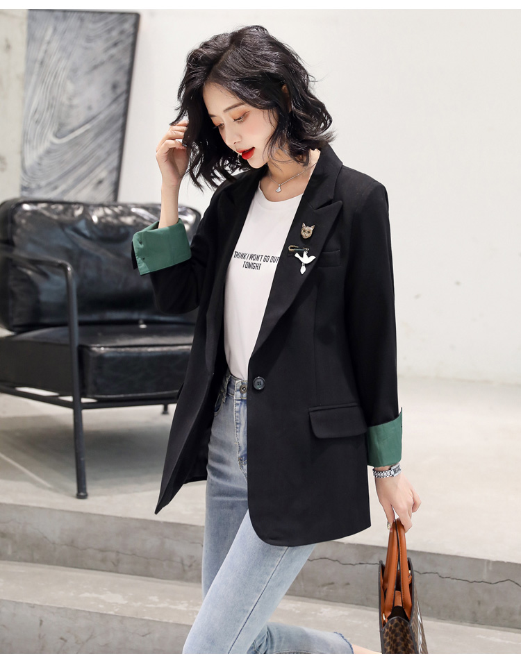 春装新款韩版百搭休闲长袖西服上衣宽松时尚气质职业外搭小外套 黑色
