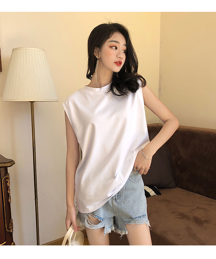 新款百搭韩版t恤女胖妹妹显瘦无袖纯棉半高领宽松背心上衣打底衫 白色