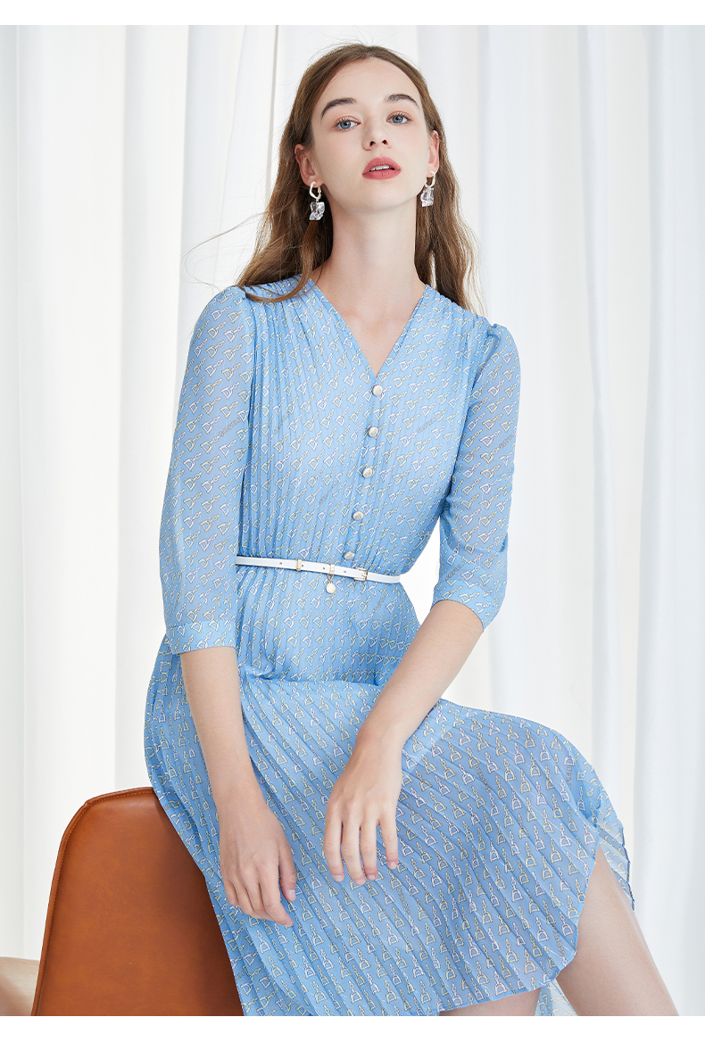 scofield女装22春夏季新品v领气质高腰五分袖设计感中长款连衣裙蓝色