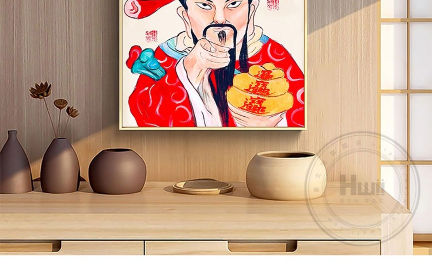 国潮挂画棋牌室饭店装饰画财神爷指谁谁发财餐厅酒店过年喜庆壁画财神