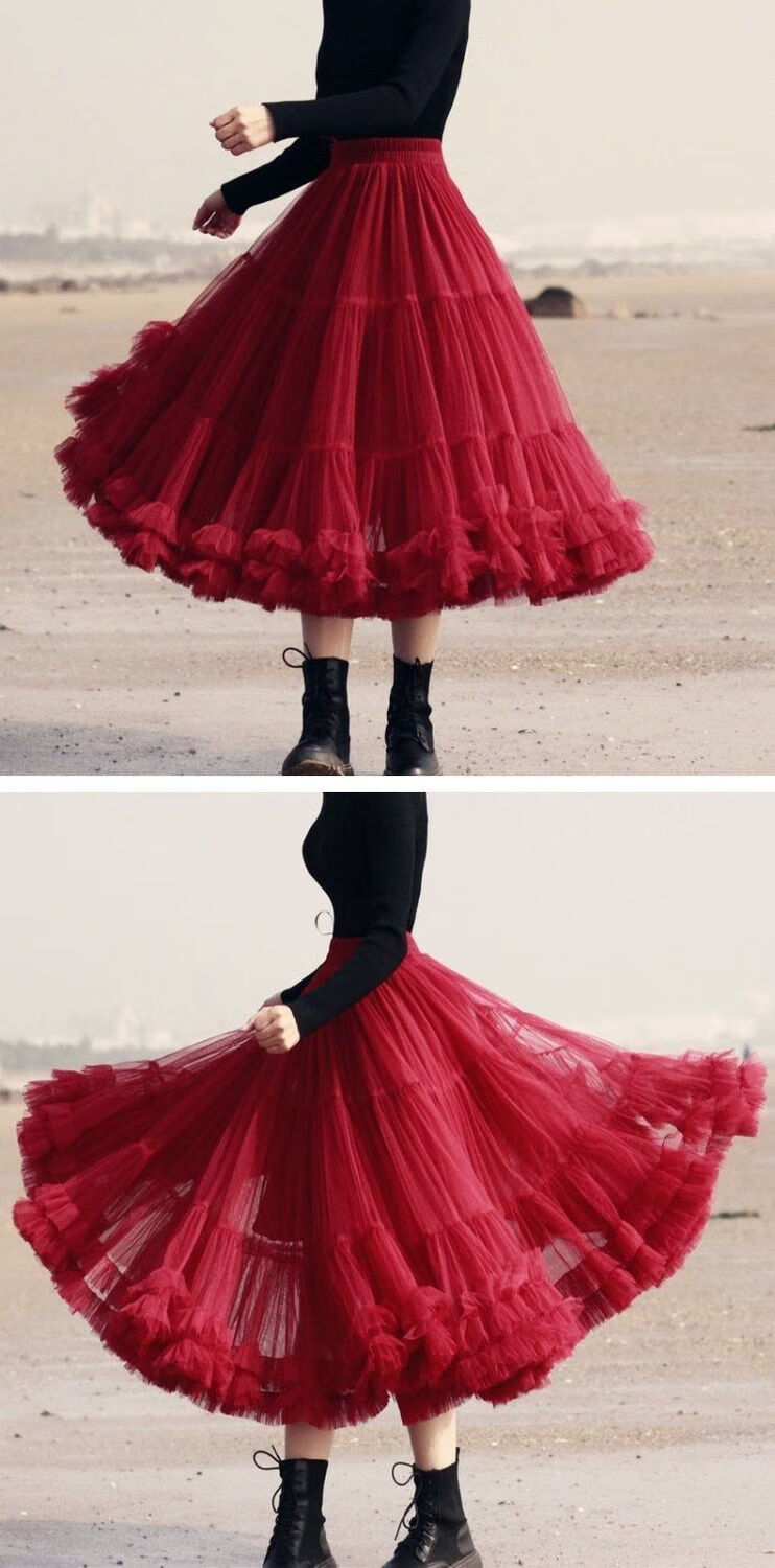 半身裙女蓬蓬超大摆裙百褶裙中长款高腰显瘦仙女纱纱裙酒红色裙长80