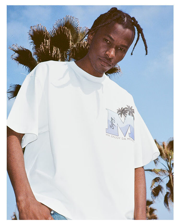 mem国潮椰树印花字母短袖男情侣t恤街头嘻哈潮流上衣女 黑色 棉 s