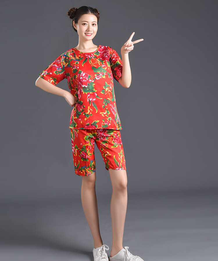 维玛罗东北大花衣二人转演出服男搞笑大花布衣服t恤套装女抖音花裤子