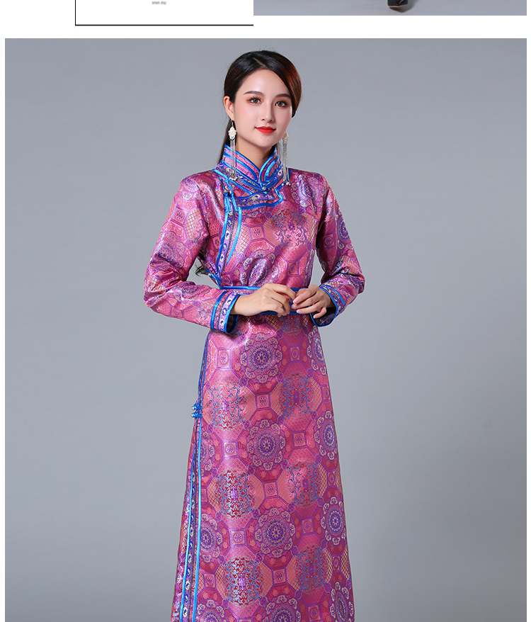 蒙古族服装女长款传统蒙古袍手工盘扣蒙古族舞蹈演出服少数民族服饰