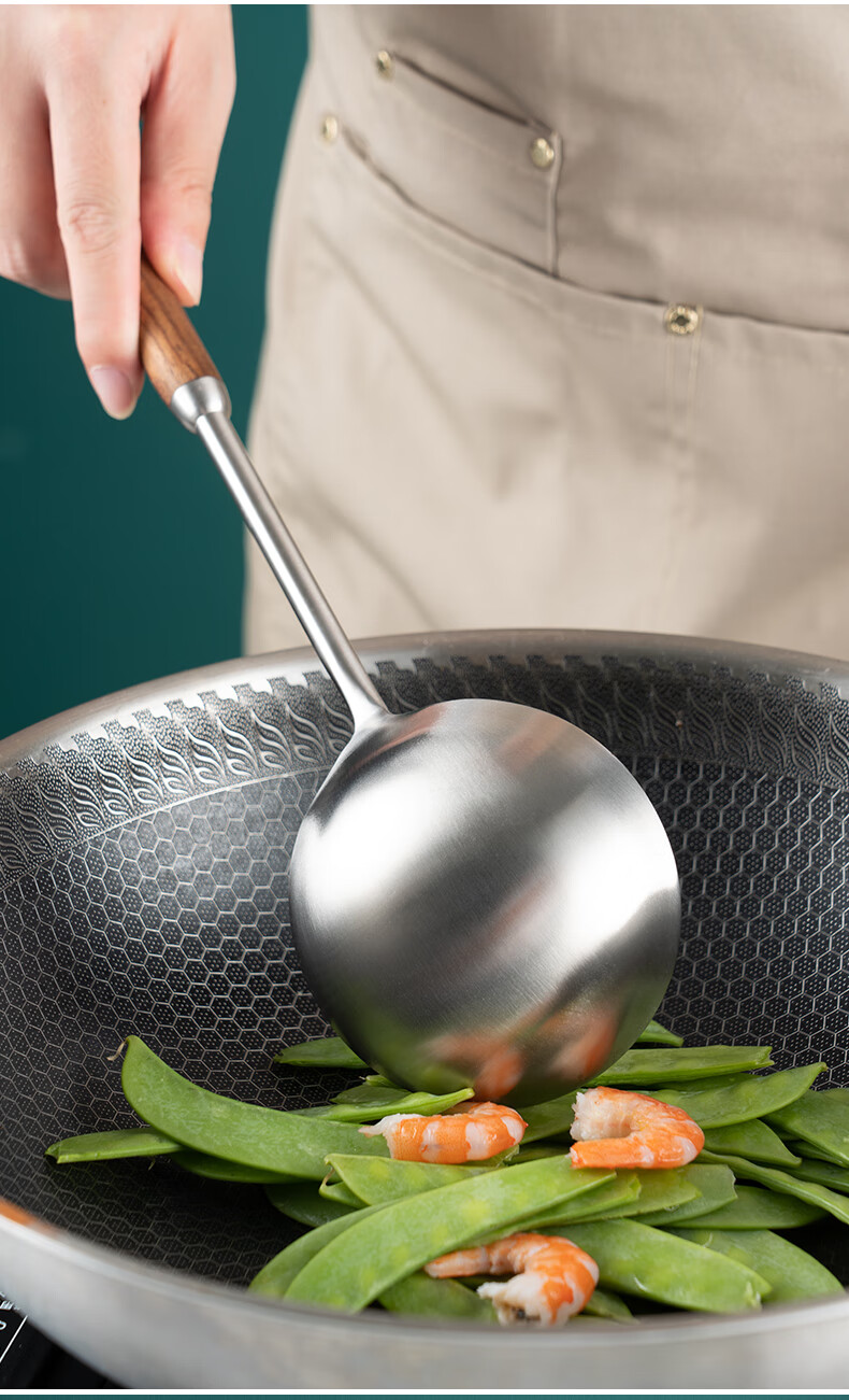 美的品质304不锈钢炒勺家用炒菜厨师专用长柄汤勺木柄勺子锅铲的304