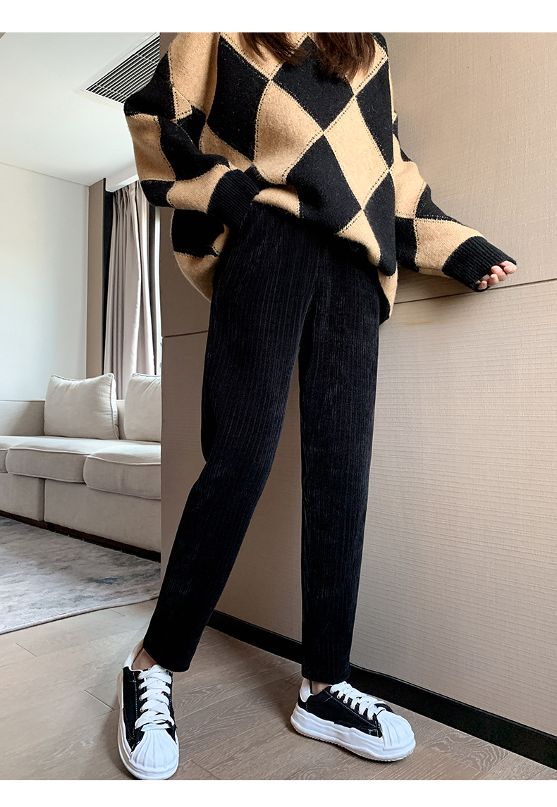 加绒加厚休闲裤女秋冬灯芯绒老爹裤萝卜裤休闲裤黑色xl