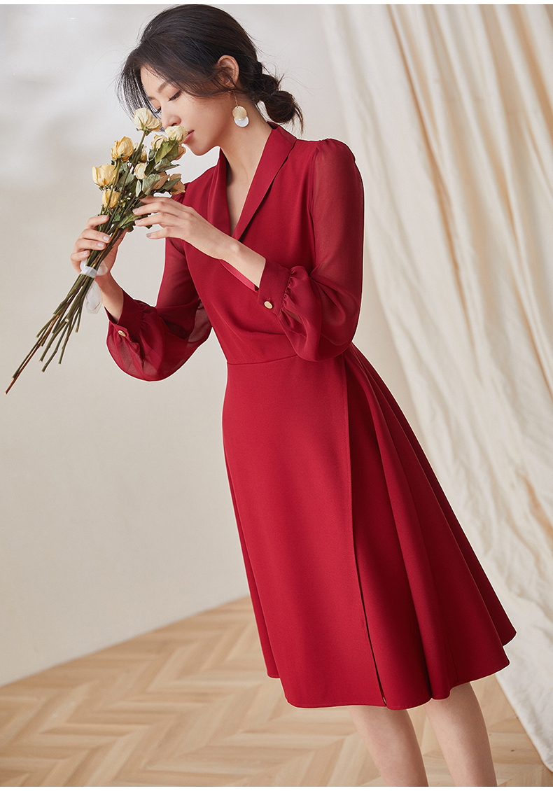 蒙路易知性雪纺大摆连衣裙女2020春装新款职业年会礼服中长裙子 红色