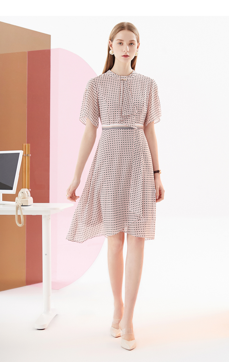 卡迪黛尔波点圆领a字裙不规则气质名媛时尚连衣裙短袖修身中长裙淡