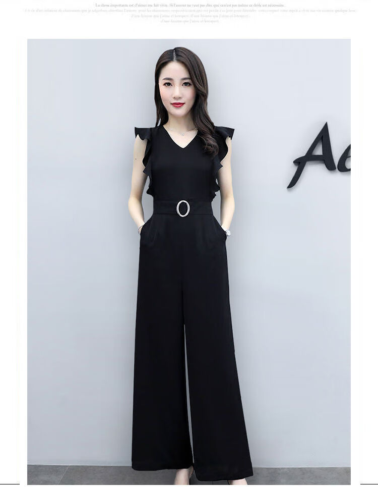 气质无袖阔腿连体裤女2019新款高腰v领宽松显瘦时尚网红连衣裤潮 黑色