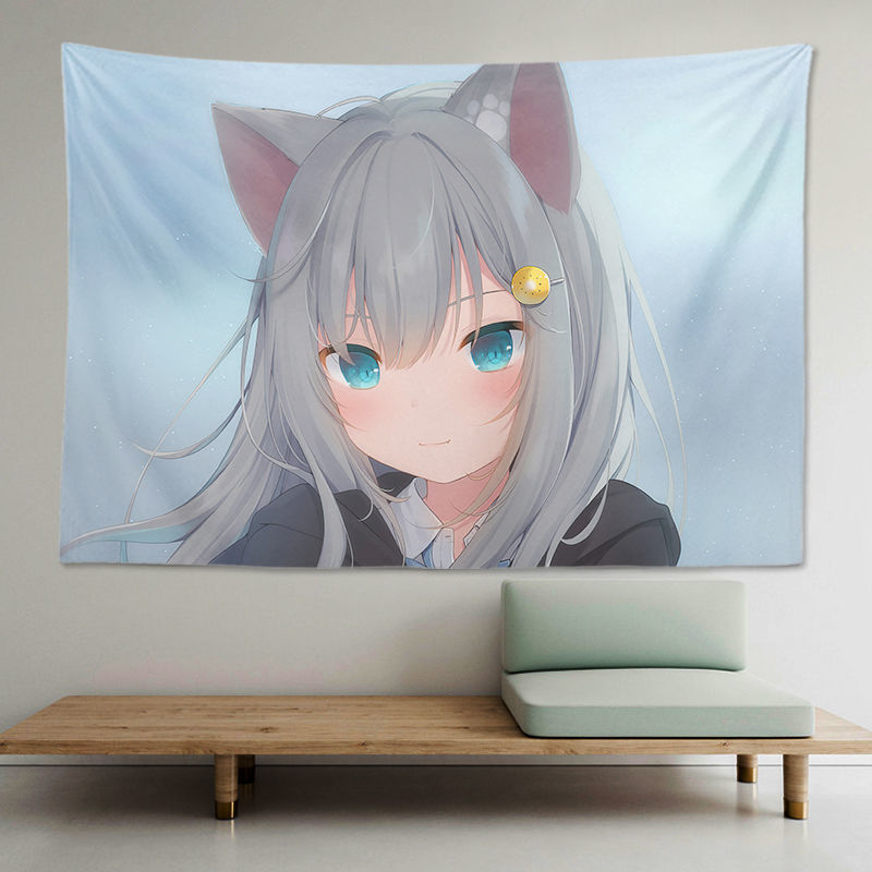 猫羽雫背景布甘城老师原创挂布猫耳女孩猫娘动漫挂毯学生宿舍浅黄色