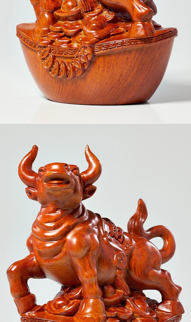 卡洛乐花梨木雕摆件牛实木质雕刻动物生肖家居装饰办公开业红木工艺