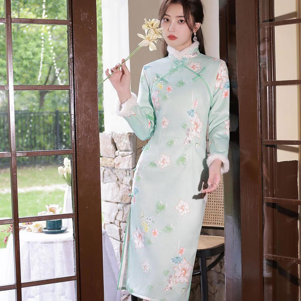 冬季新款旗袍套装加绒保暖复古开襟外套加绒外套改良古典旗袍 3007