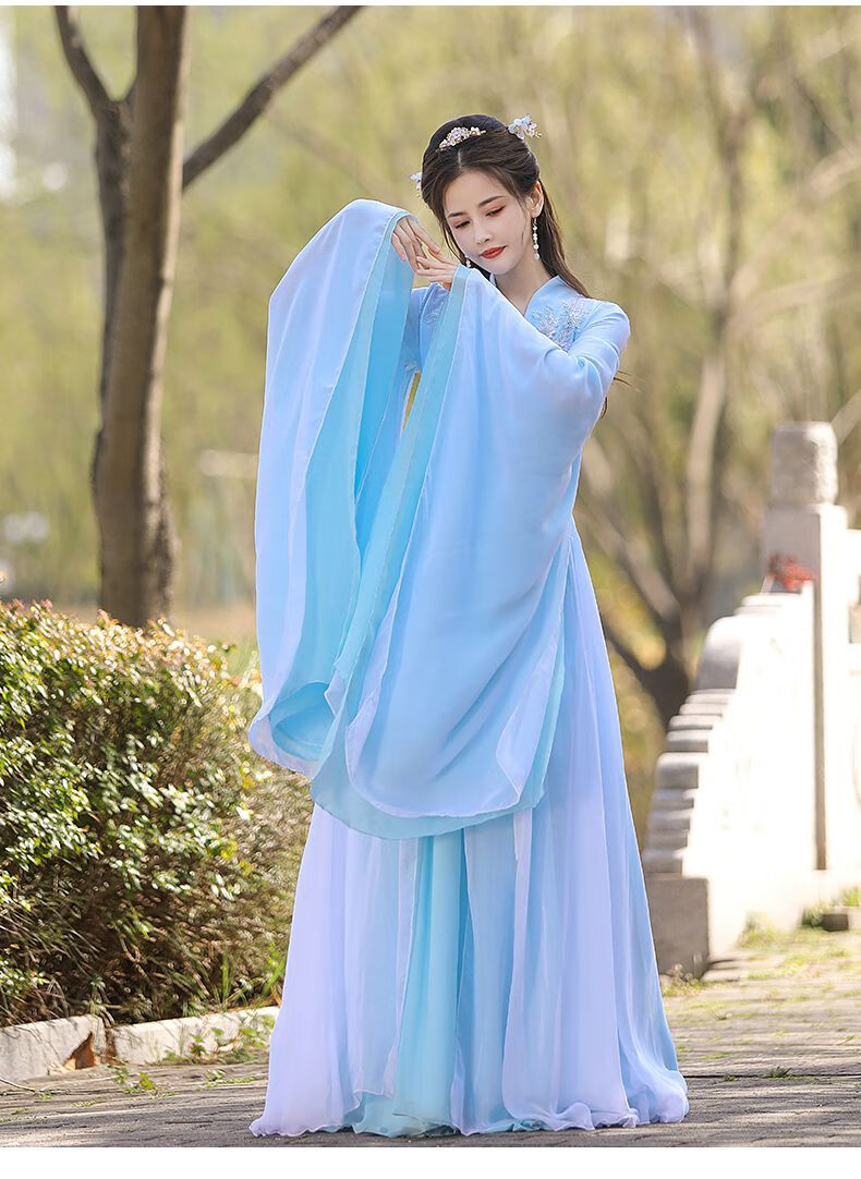 汉服女中国风夏款宋制广袖流仙裙古装服装改良仙气飘逸古风成人 蓝色