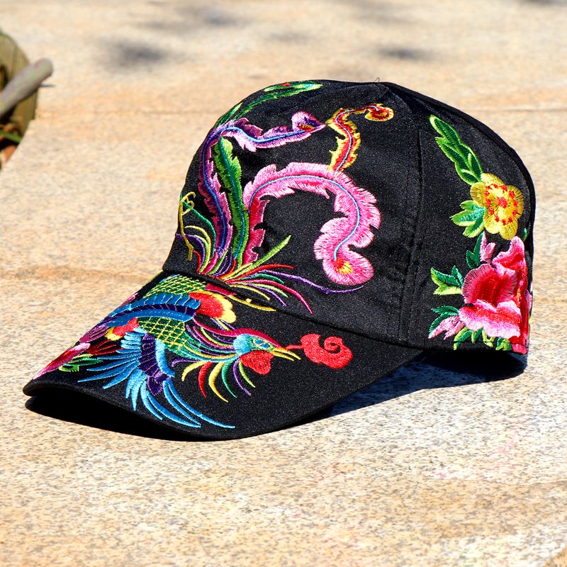 妙微熊新款民族风刺绣棒球帽百搭中国风绣花帽凤凰帽四季帽自拍舞蹈宝