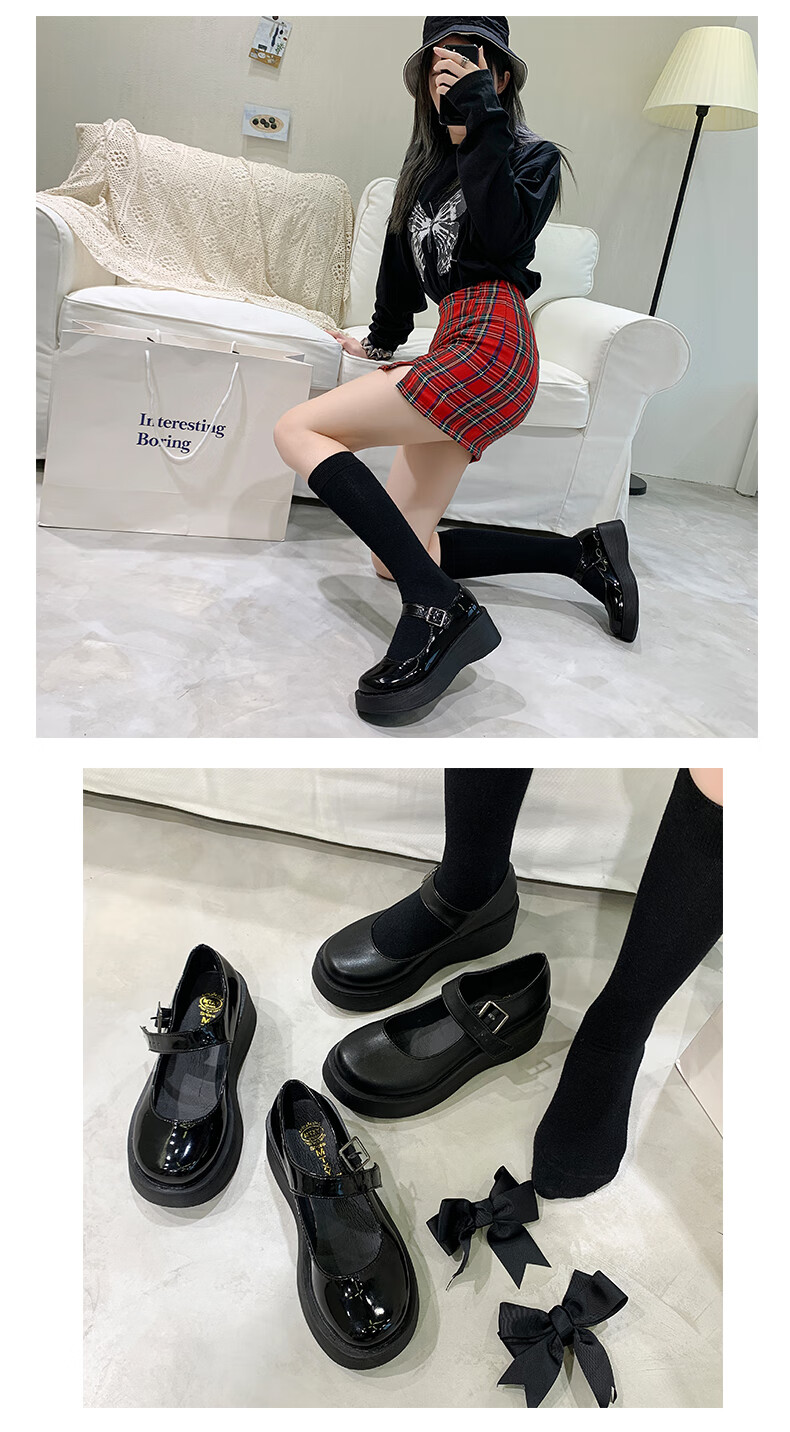 日系小皮鞋女生秋天少女可爱蝴蝶结初中高中制服单鞋厚底平跟黑色亚光