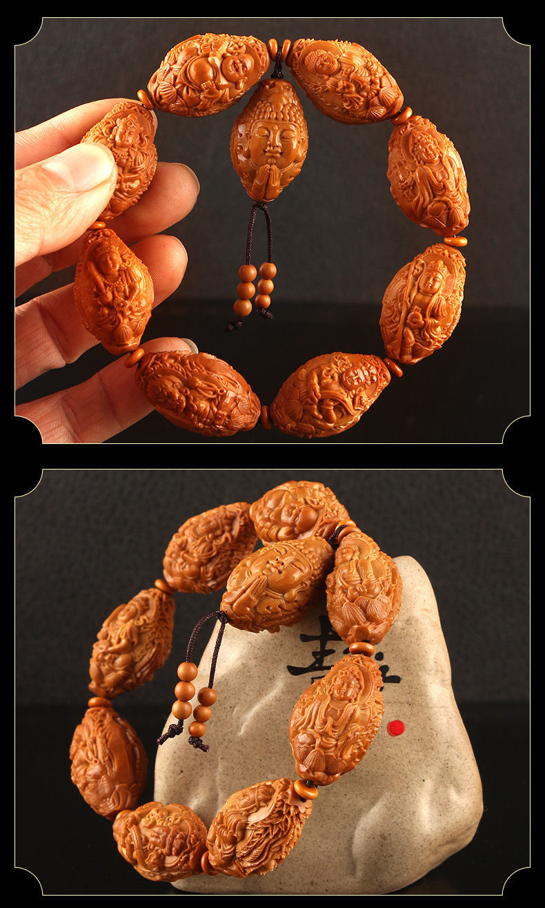盘道橄榄核手串21大籽万佛朝宗满工雕刻天上人间橄榄核雕文玩把件链