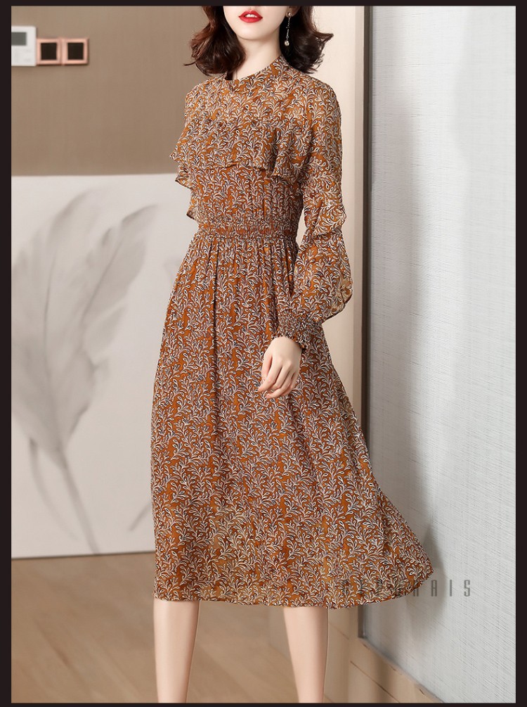 歌珀莱品牌女装2020春季新款法式气质荷叶边复古裙减龄印花雪纺连衣裙