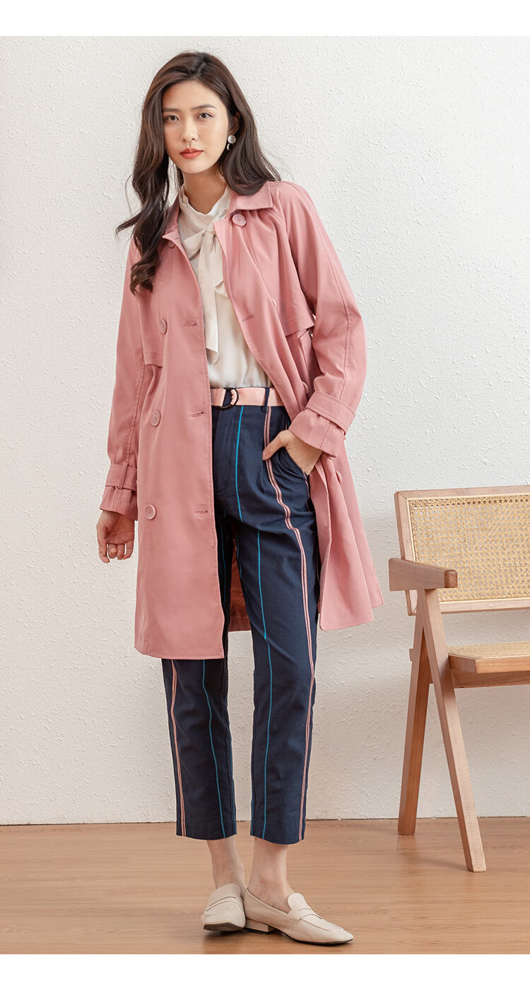 熙然2022春装新款时尚英伦风通勤经典双排扣风衣女中长款外套腰带蔷薇