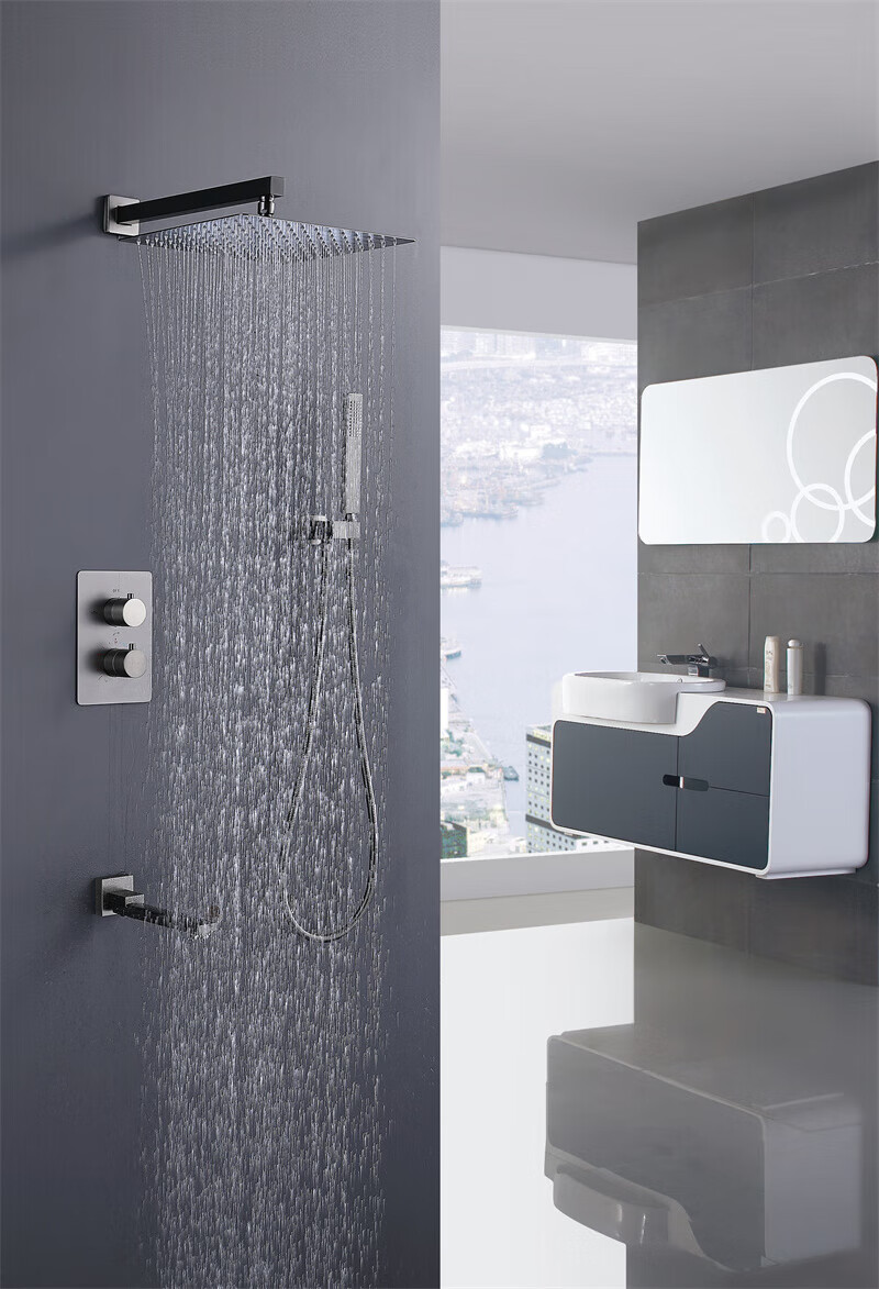 科勒枪灰色智能恒温花洒套装全铜浴室淋浴房暗装入墙式隐藏吊顶方形