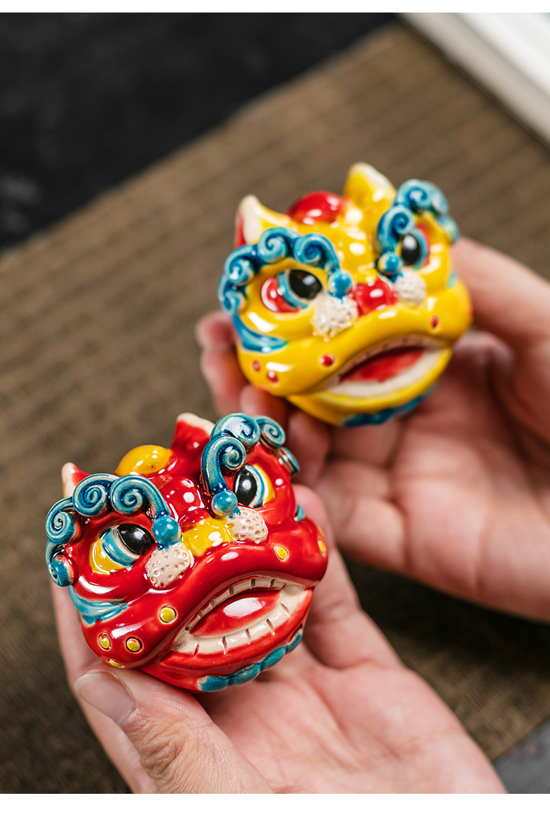 醒狮摆件 交趾陶创意瑞兽醒狮茶具陶瓷摆件创意装饰精品茶玩配件送人