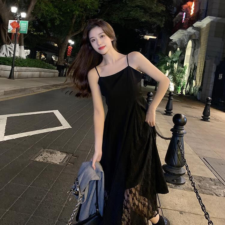 高品质连衣裙女春新款吊带连衣裙春季套装女设计感上衣黑色收腰气质