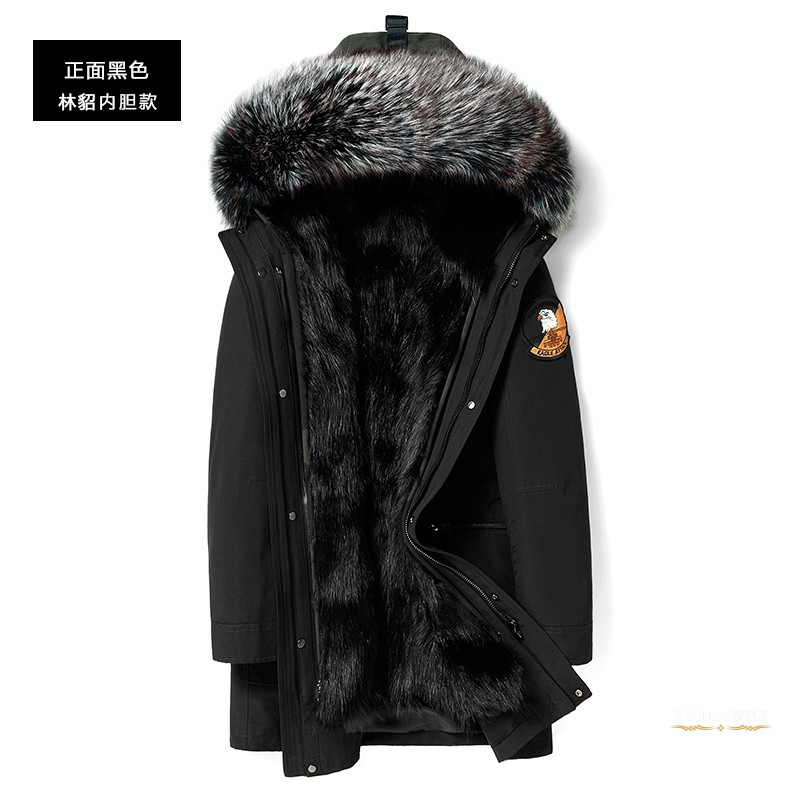 besnos品牌男装派克服男水貂内胆中长款皮衣皮草皮毛一体外套 黑色旱