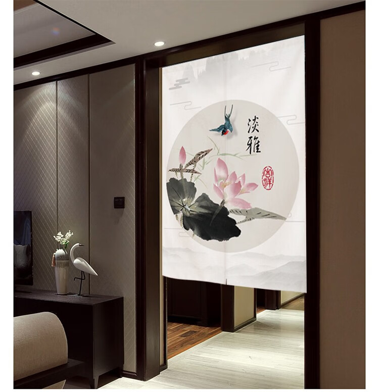 山水画门帘屏风卧室走廊挂帘半帘隔断帘门头室内风水半截帘子蜻蜓荷花