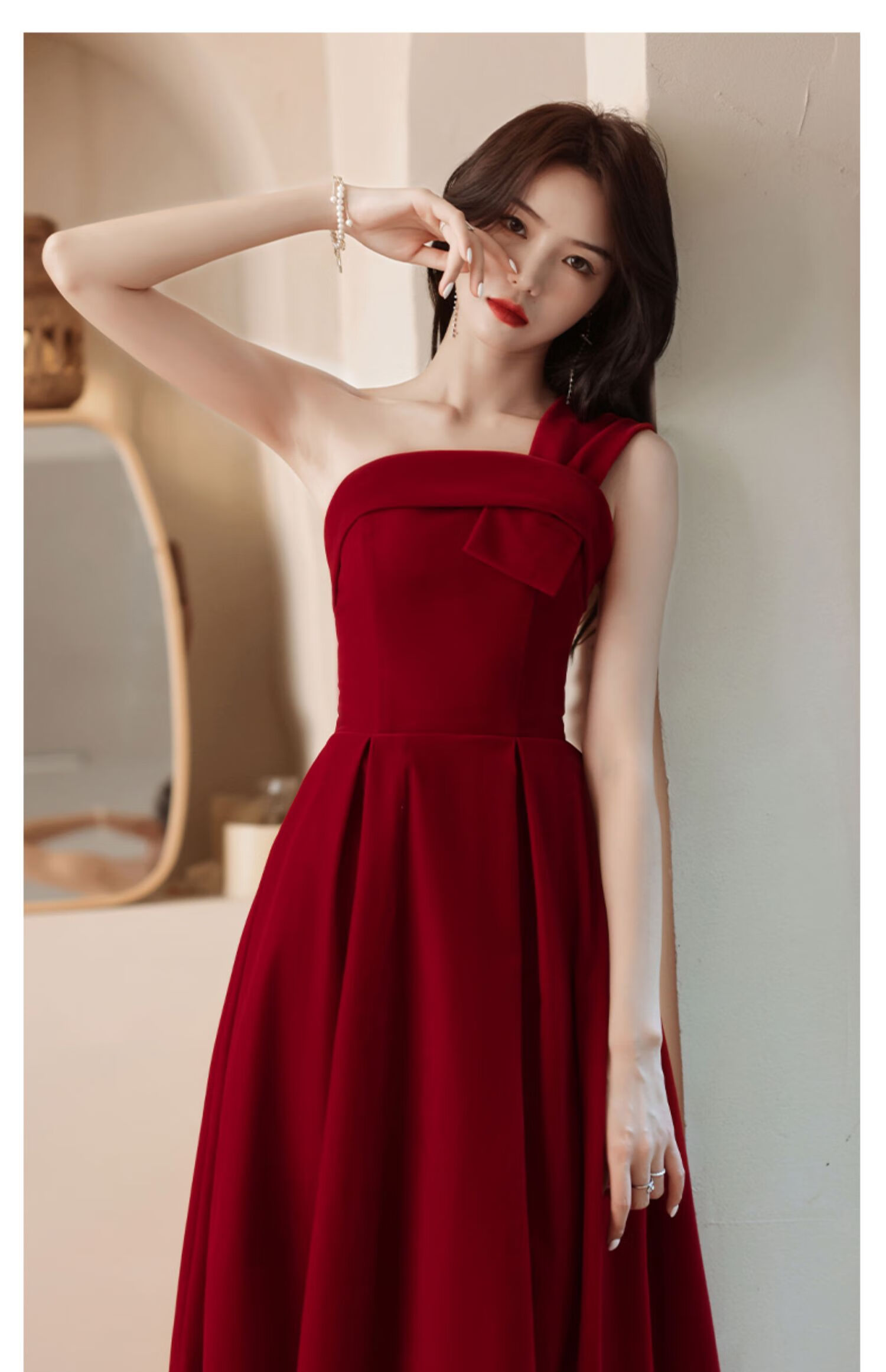 西式婚礼新娘敬酒服微胖显瘦中长款小个子酒红色结婚订婚礼服女气质