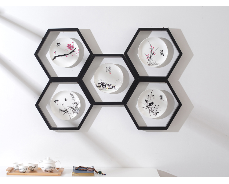 装饰品客厅电视背景墙挂件墙上玄关壁挂饰创意六边形木框挂盘船客c