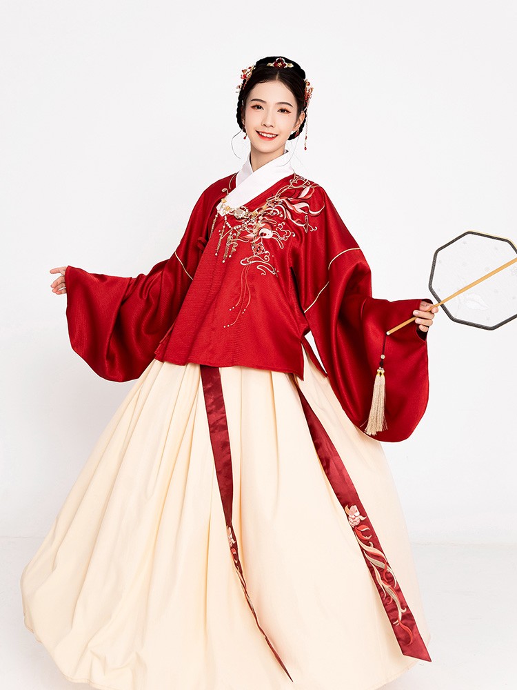 汉服女交领刺绣红色琵琶袖上袄褶裙传统古装汉元素套装演出服 枫灵