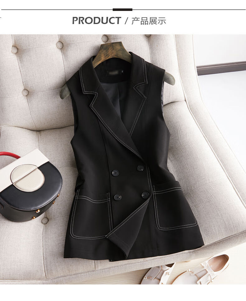 春季小个子中长款马夹外套时尚显瘦明线后背马甲女 黑色 3xl