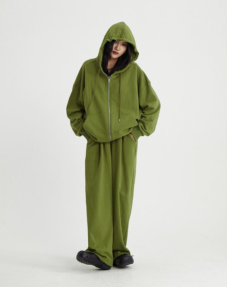 苏奈雪thelight春秋oversize宽松慵懒风连帽卫衣卫裤套装女绿色休闲