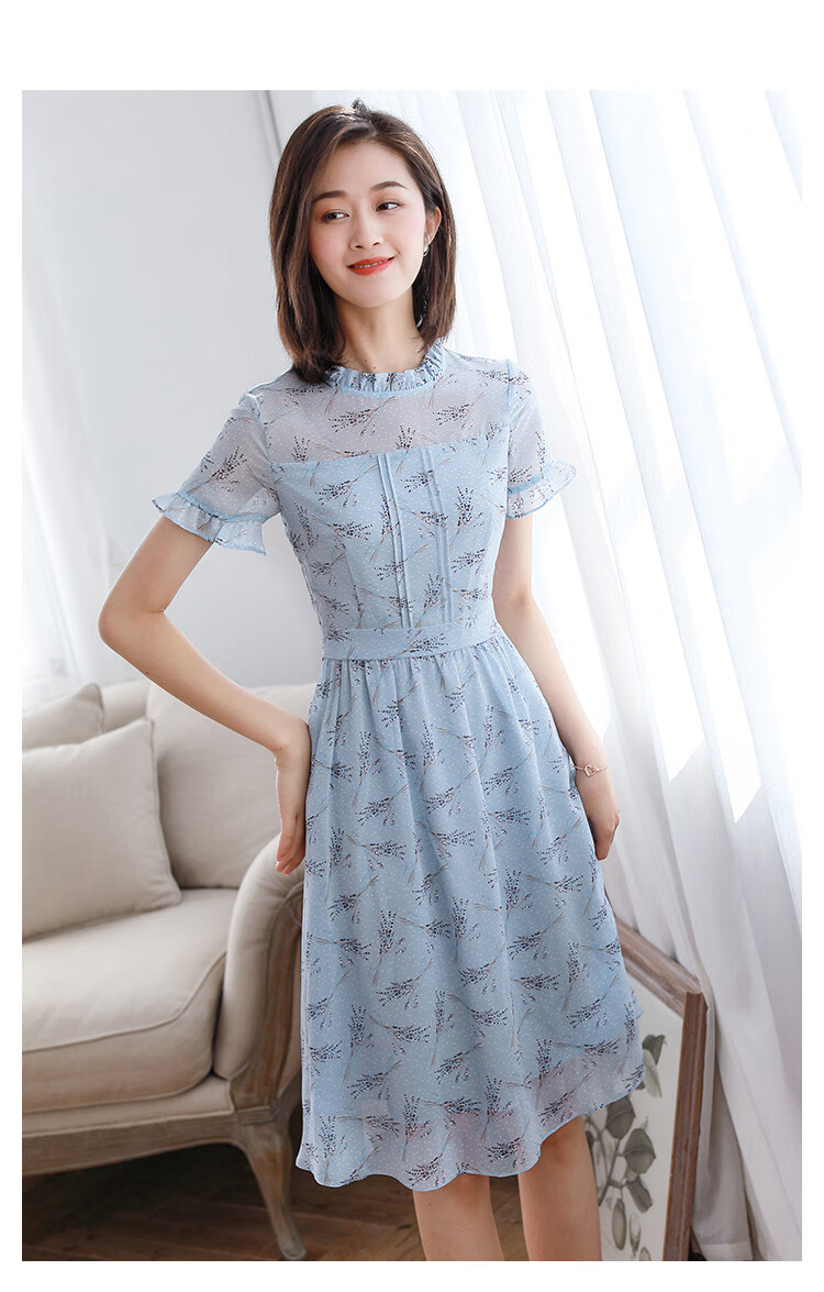 勿忘花雪纺连衣裙夏2020新款女装碎花松紧腰中长款短袖裙子 天蓝色 l