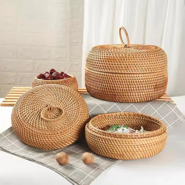 骊采 藤编果盘干果收纳盒家用分格坚果零食瓜子糖果盒桌面杂物收纳筐