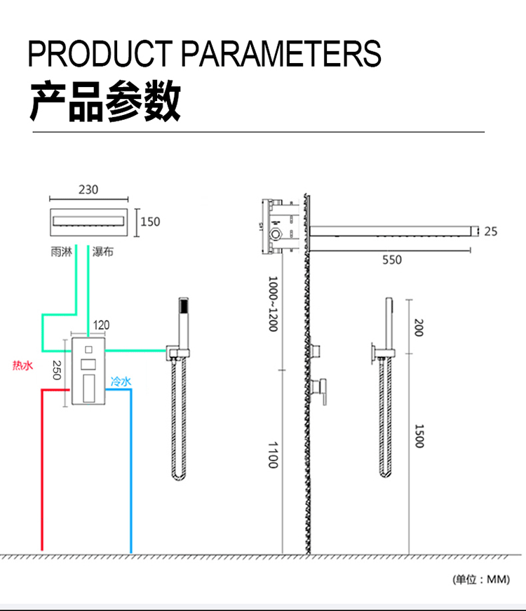 科勒入牆式淋浴花灑套裝浴室衛生間暗裝嵌入吊頂暗藏暗埋天幕瀑布d