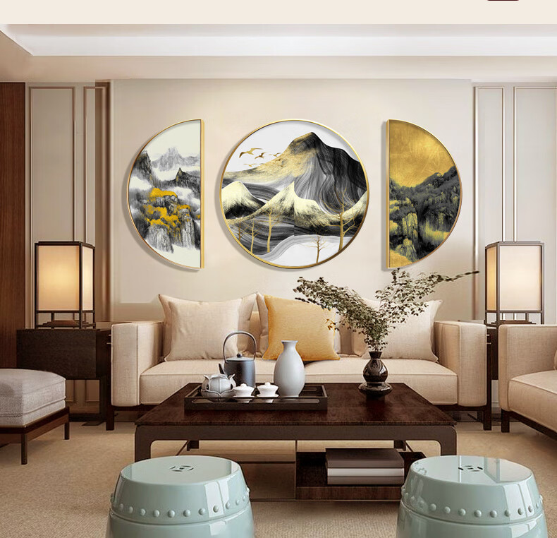 新中式客厅山水画餐厅装饰画圆背景墙风水玄关挂画中国风壁画 a款