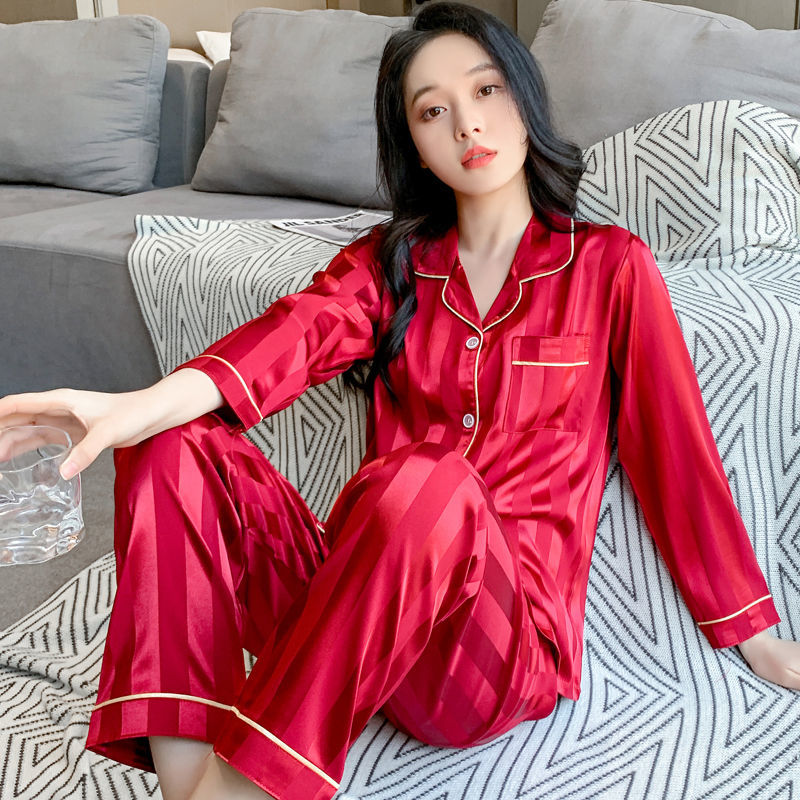 女士夏季睡衣网红色千鸟格睡衣女春秋冰丝绸长袖薄款斤家居服套装红色