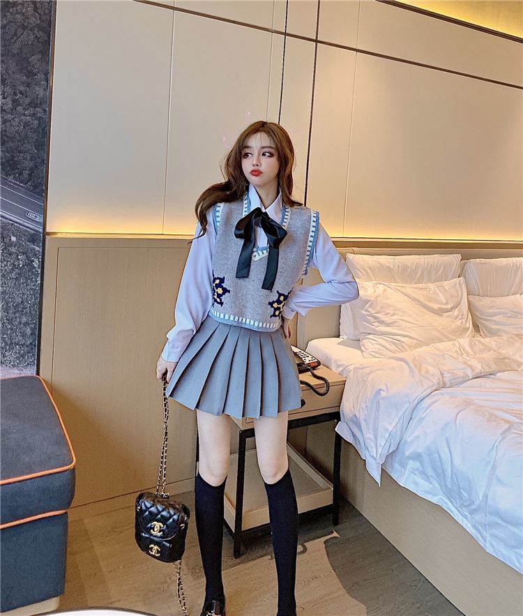 英伦学院风马甲衬衫百褶裙女校园学生装矮小个子套装白色衬衫黑领带s