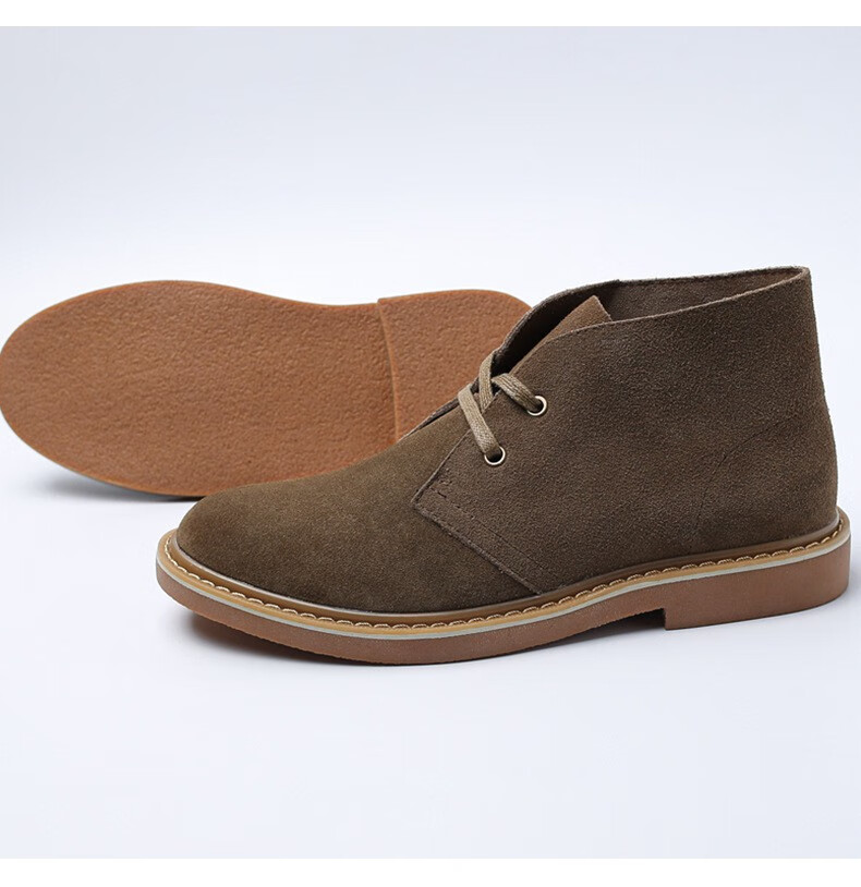 木林丁靴男春秋新款皮英伦复古中高帮翻毛皮鞋百搭牛筋底系带短靴 沙