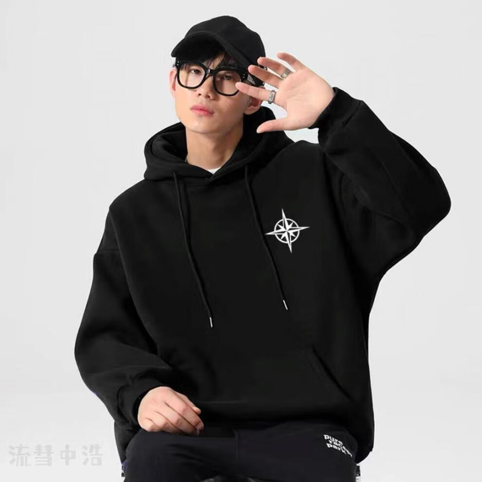 umbness指南针哥特字母logo印花休闲宽松落肩连帽卫.