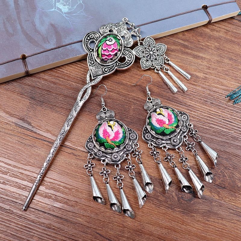 60苗族苗银耳环发簪复古时尚民族风刺绣孔雀花型流苏耳饰发饰套装锦