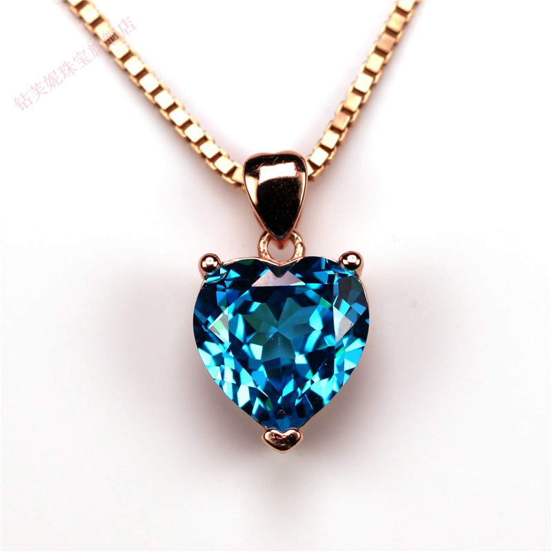 钻芙妮心形海蓝宝石吊坠项链坠子925银女生珠宝首饰品彩宝日韩简约