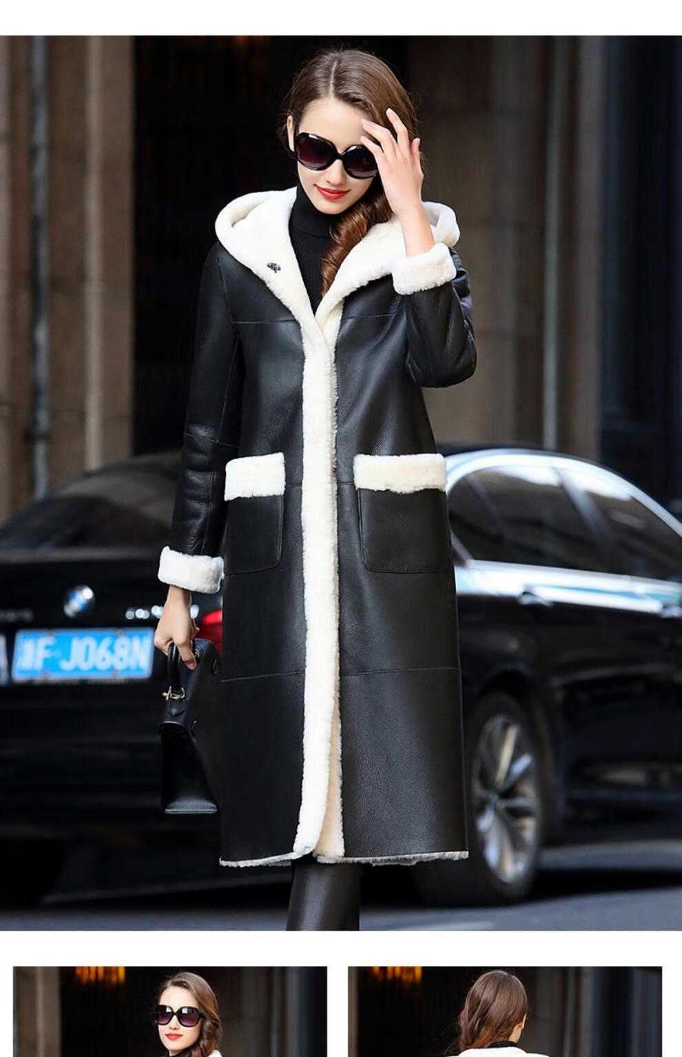 法劳格品牌女装2019冬新款海宁真皮皮毛一体外套女中长款大码连帽皮草