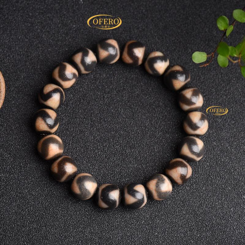 西藏虎牙 天珠 手串 蓝沁虎牙 天珠 手链女 12mm圆珠 手串饰品欧费罗