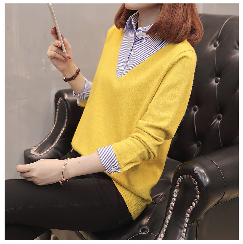 同款领针织衫假两件套女秋冬假2件上衣女长袖早套头针织假两件套衬衫