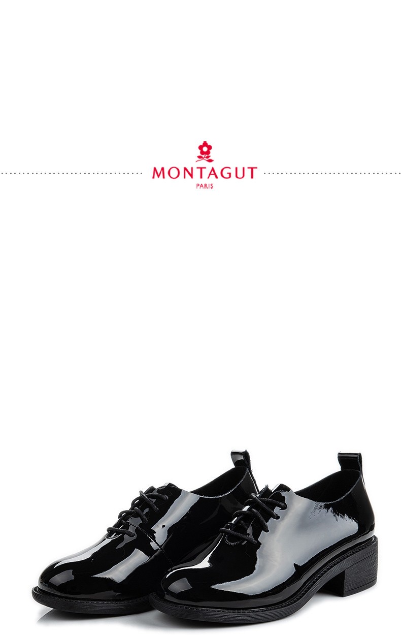 法国montagut梦特娇 新款真皮圆头女鞋学院风绑带平跟单鞋女 黑色 38