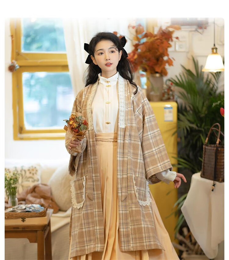 小红书同款改良对襟明制汉服女日常汉元素秋冬款格子裙现代上班通勤