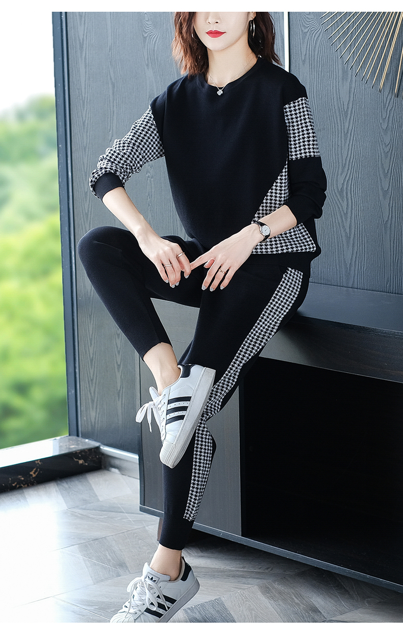 冰丝针织运动服套装女春季2020新款宽松妈妈洋气休闲运动两件套 黑色